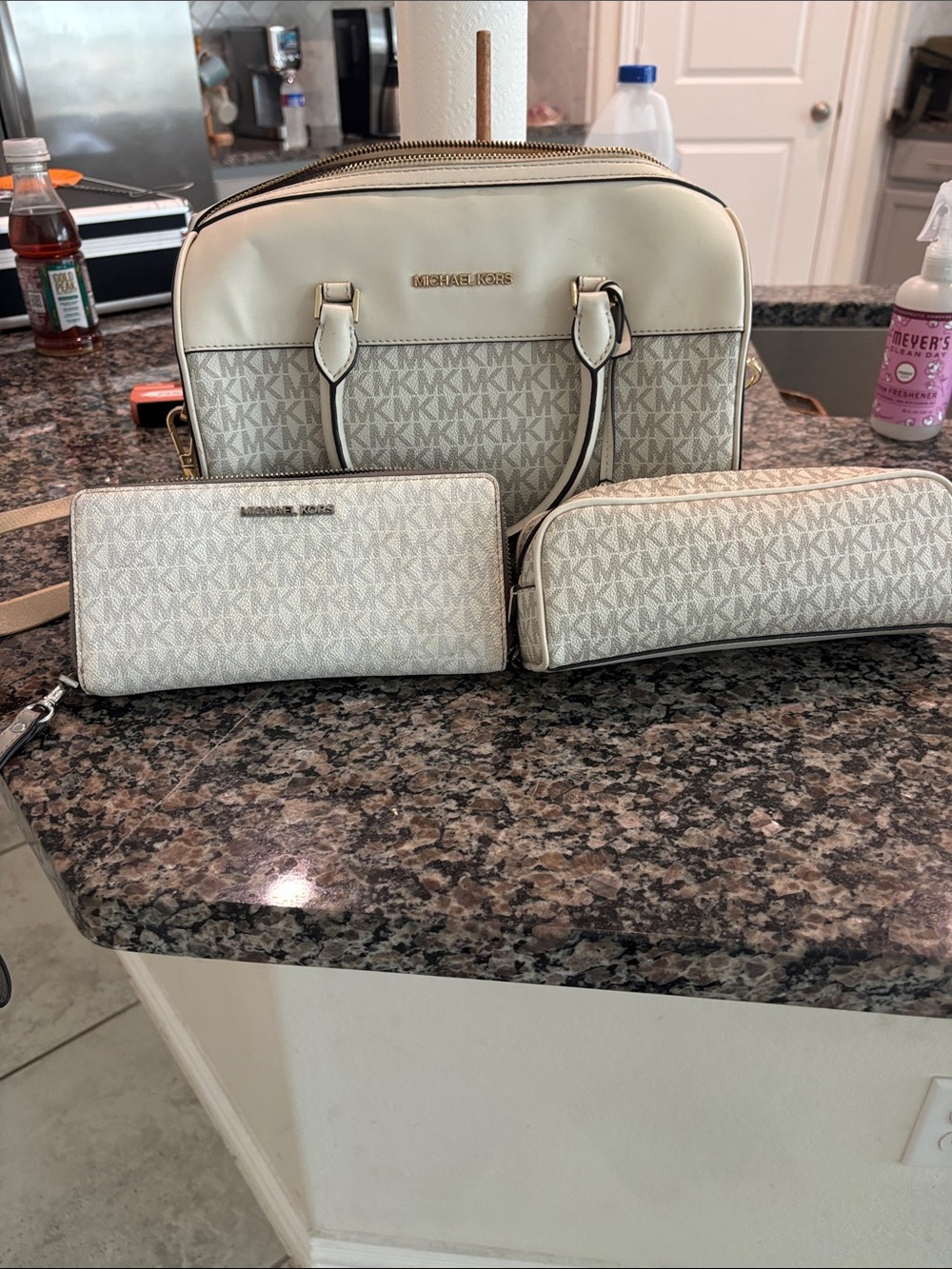 Michael Kors Cream and Beige Logo Satchel with Wallet and Pouch in great conditi